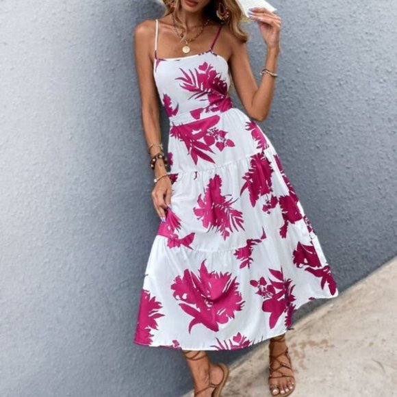 Boho pink white floral tropical print tie back maxi dress - Picture 4 of 7
